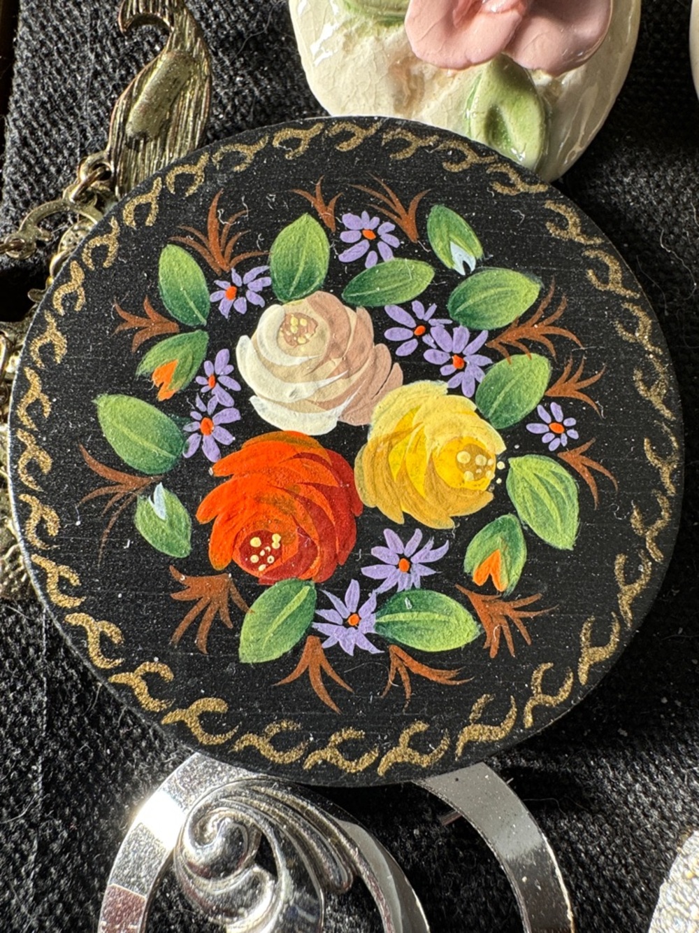 Hand-Painted Floral Round Brooch in Black with Red, Yellow & Cream Flowers